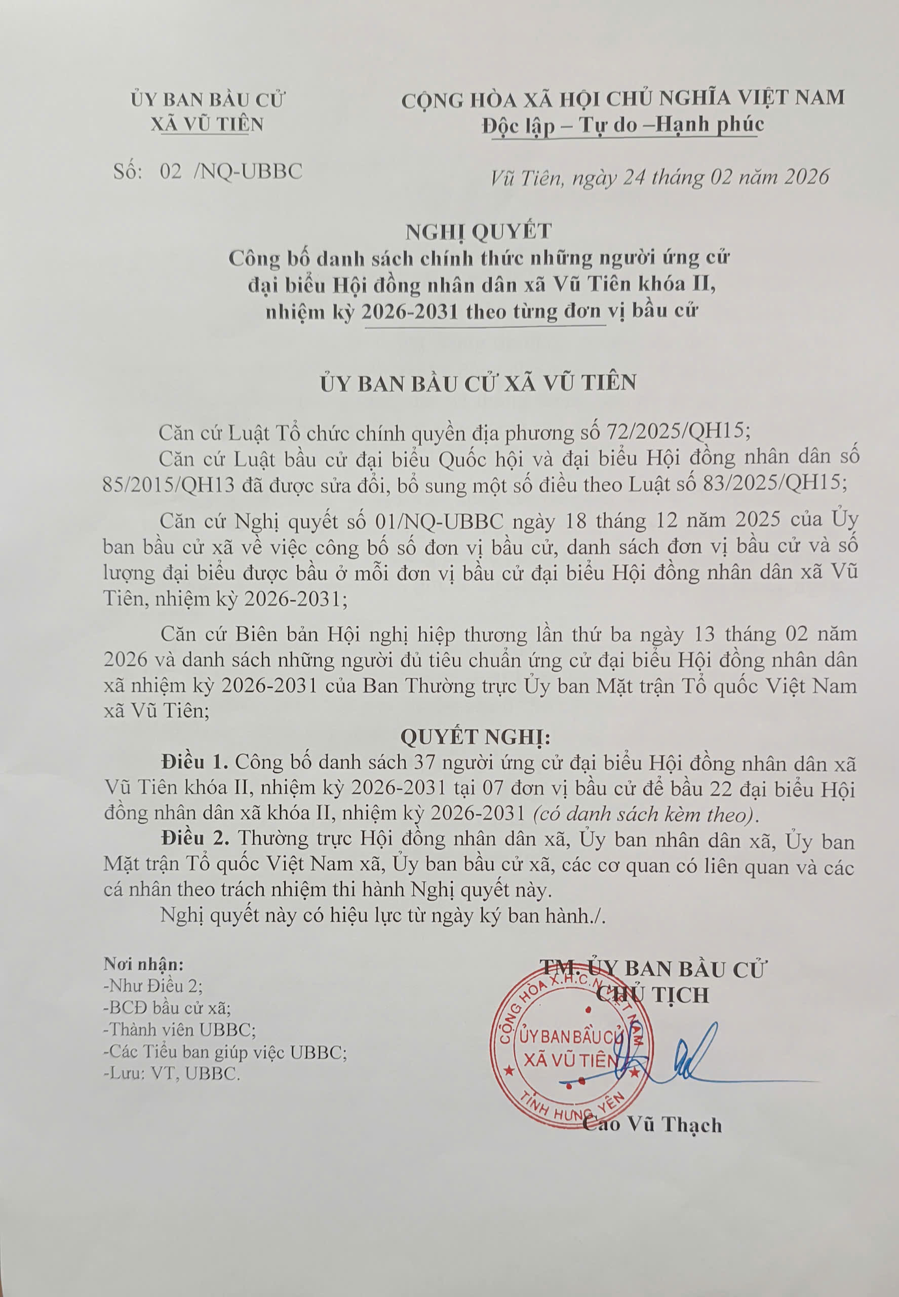 Ủy ban bầu cử xã Vũ Tiên có Nghị quyết số 02 về việc công bố danh sách chính thức những người ứng cử đại biểu HĐND xã Vũ Tiên khóa II, nhiệm kỳ 2026-2031 theo từng đơn vị bầu cử