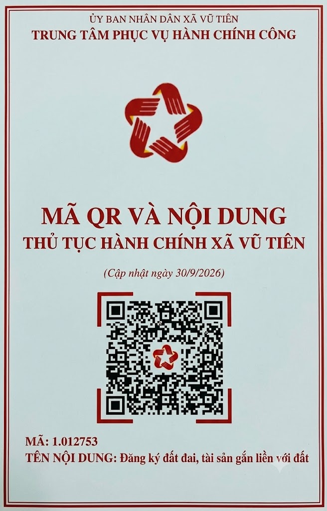 Trung tâm phục vụ Hành chính công xã Vũ Tiên Thông báo công khai Danh sách thủ tục hành chính thuộc thẩm quyền giải quyết của cấp xã