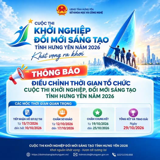 Hưng Yên điều chỉnh thời gian tổ chức Cuộc thi Khởi nghiệp, đổi mới sáng tạo năm 2026